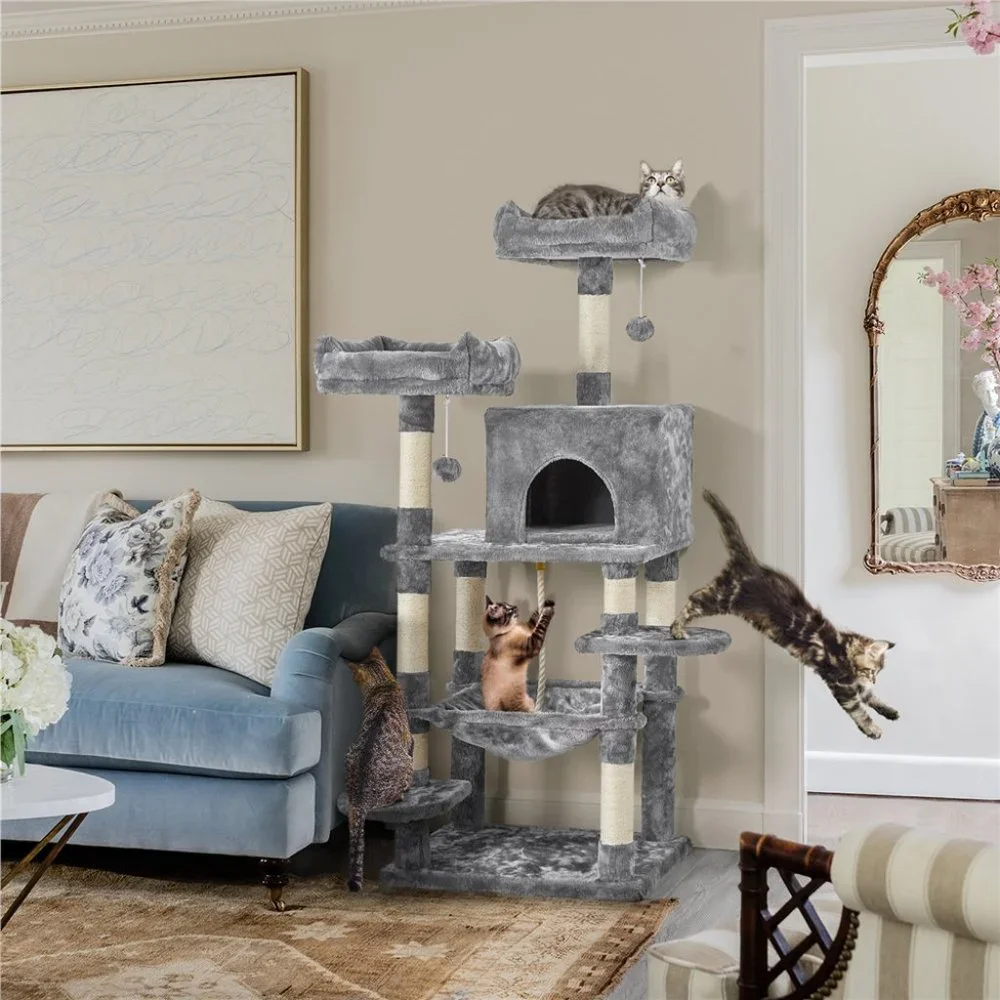 58-in Cat Tree & Condo Scratching Post Tower, Gray